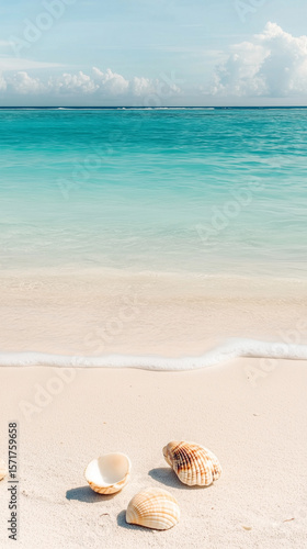 Idyllic vertical beach background with shells on the sand and gentle waves for summer travel concepts