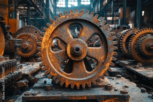Close-up of large, rusty gears in an old factory, symbolizing industrial decay and mechanical obsolescence.