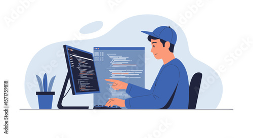 Focused Developer Working Diligently On Computer Software Developing With Complex Coding