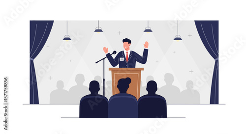 Confident Speaker Delivering Powerful Speech To An Engaged Audience At Podium