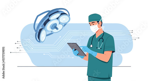 Surgeon Using Digital Tablet With Surgical Lamp In Modern Operating Room