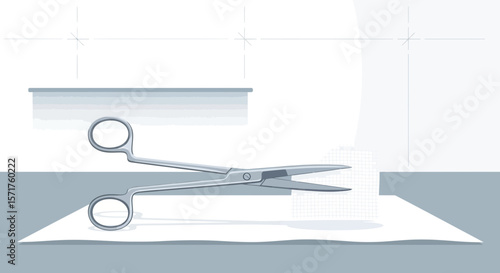 Surgical Scissors Laying Flat On Sterile Field In Hospital Ready For Surgery