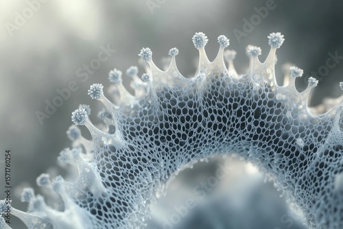 Delicate white structure with a crown-like shape, featuring intricate lattice and delicate ball-tipped projections, presented in soft, ethereal lighting.