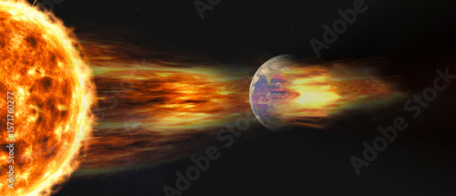 Fototapeta Naklejka Na Ścianę i Meble -  A dramatic visualization of the Sun emitting solar wind toward Earth. The glowing plasma stream collides with the planets magnetic shield. Elements of 3D rendered illustration were furnished by NASA.