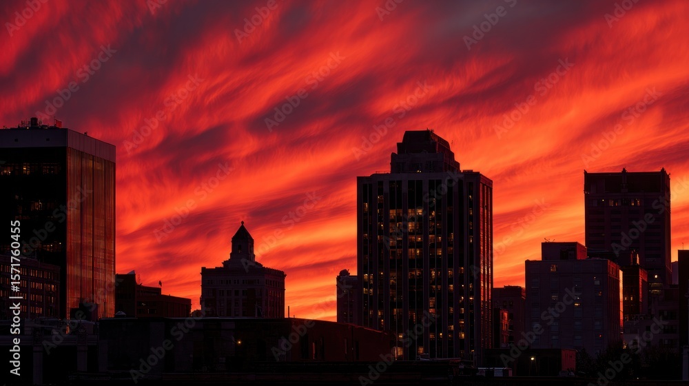 Fototapeta premium City skyline at fiery sunset