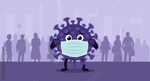 Coronavirus Character Promoting Safety With A Protective Mask In Public Space