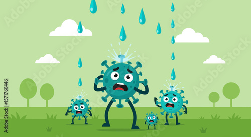 Coronavirus Characters Caught In Antibody Rain On A Green Background Scared Reaction