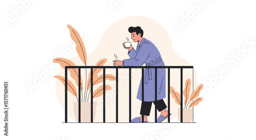 Morning Serenity Man Enjoying Coffee on Balcony in Bathrobe Flat Illustration