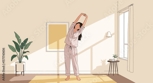 Morning Stretch With Sunlight And Plant Pot In A Cozy Living Room Illustration
