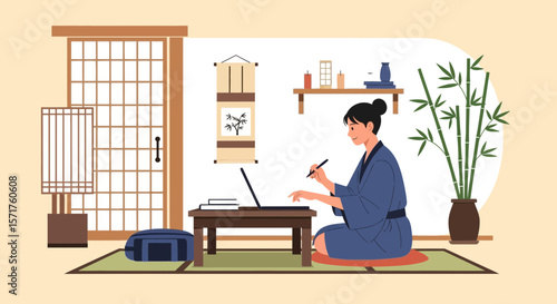 Freelancer Working At Home In Traditional Japanese Room With Bamboo Plant
