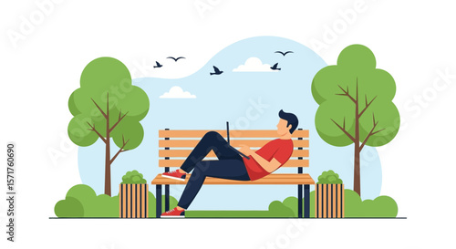 Freelancer Working In A Park Using A Laptop Computer On A Beautiful Day