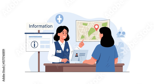 Friendly Information Desk Assistant Helping Customer with Map Directions