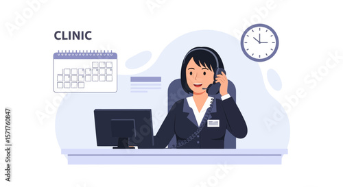 Friendly Medical Assistant Answering Calls at Clinic Helpdesk Schedule Appointment