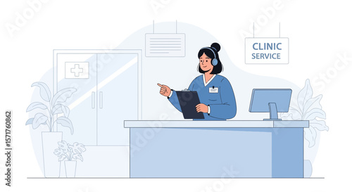 Friendly Medical Receptionist Explains Direction in Clinic Waiting Area Illustration