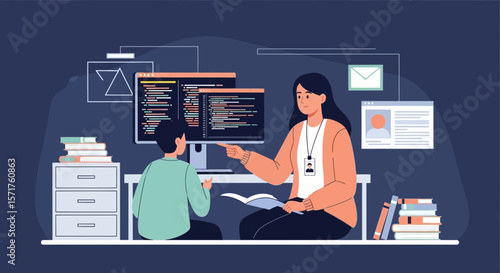 Teacher Guiding Student In Software Coding With Modern Technology Illustration