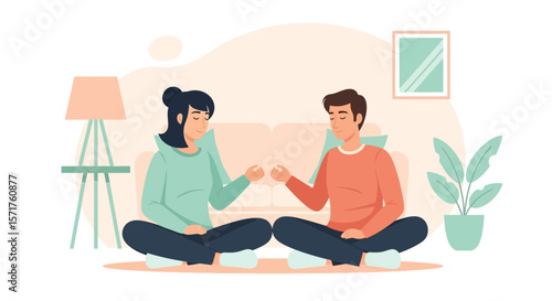 Couple Meditating At Home In A Peaceful And Serene Setting Enjoying Tranquility