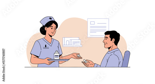 Friendly Nurse Offering Medication to Patient in a Medical Setting Illustration