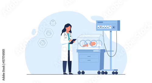 Neonatal Intensive Care Unit Doctor Examining Newborn Baby in Incubator