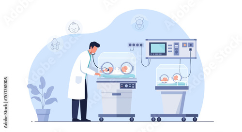 Neonatal Intensive Care Unit Doctor Checks on Premature Babies