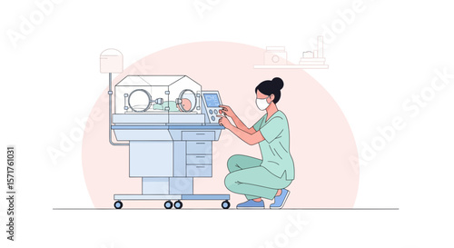 Neonatal Intensive Care Unit Illustration With Nurse Caring For Premature Infant