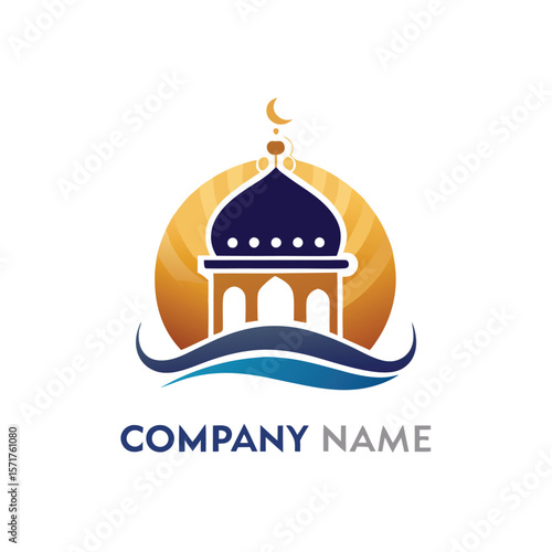 Mosque logo with sunrise and waves