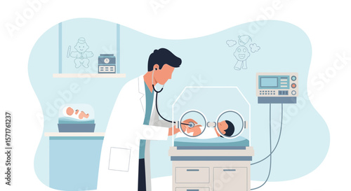 Newborn Care Doctor Examining Premature Infant In Incubator Health Check Up