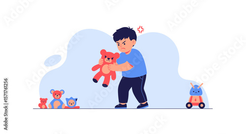 Frustrated Boy With Red Anger Symbol Holding Stuffed Animal Aggressively