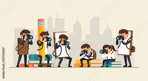 Team Of Photographers Capturing Different Perspectives In The Cityscape Background