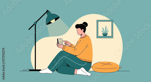 Cozy Evening: Woman Using Mobile Phone, Relaxing at Home Under Desk Lamp
