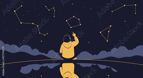 Nighttime Contemplation Under Starry Skies With Constellations Reflected In Water