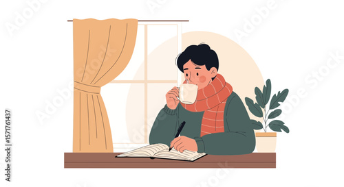 Cozy Winter Morning Young Man Enjoying Coffee While Journaling At Home