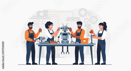 Teamwork And Robotic Engineering Concept Diverse Group Assembling A Robot Together