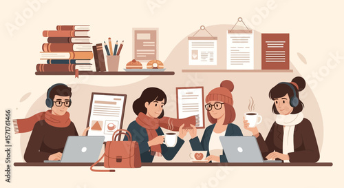Cozy Winter Workspace With Students Working Together Sharing Coffee Time
