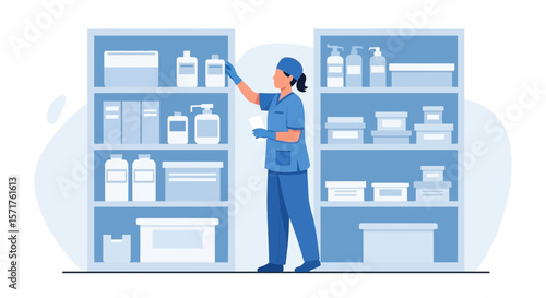 Nurse Arranging Medical Supplies in Storage Room with Shelves Vector Illustration