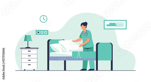 Nurse Arranging Pillows On Hospital Bed Vector Illustration Isolated Design