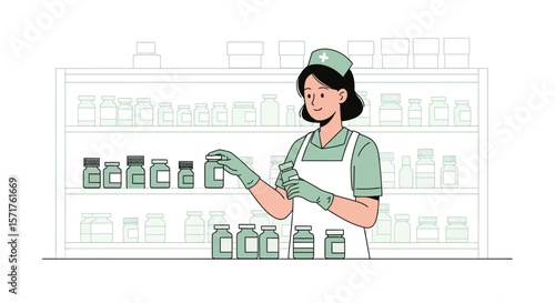 Nurse Arranging Medications On Shelves In Dispensary For Healthcare Concept