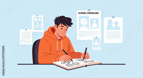 Teenage Artist Sketching Characters In His Notebook At School Counseling Office