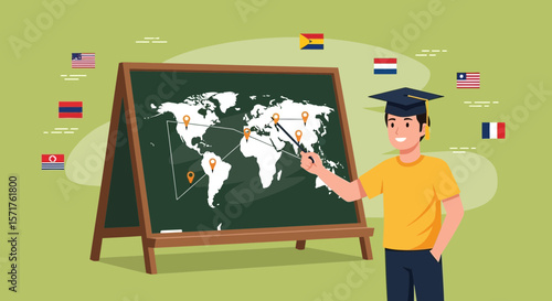 Geography Lesson From Around The World With A Studious Student Illustrating