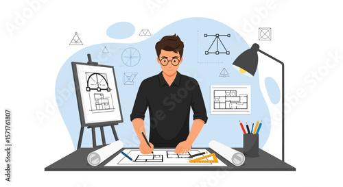 Creative Architect Working On Blueprint Draft For A New Building Design