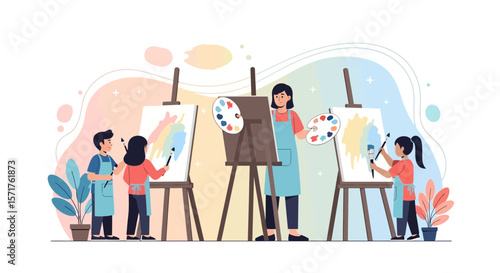 Creative Art Class With Students Painting On Easels In An Educational Environment