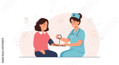 Nurse Checking Patient Blood Pressure In Clinic For Regular Health Checkup