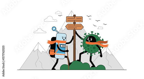 The Great Race Sanitizer Versus Virus Climbs A Mountain With Direction Sign