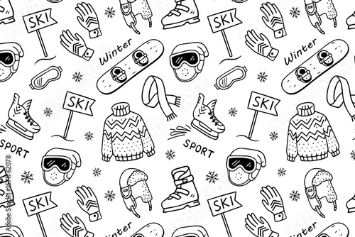 Winter sport seamless pattern with skis, snowboard, sweater, helmet, gloves, scarf, ice skates, ski sign, in hand-drawn black line vector style on white. Perfect for packaging, prints, kids products.