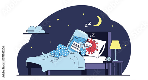 Tired Medicine Bottle Character Napping Beside Virus On The Pillow At Night