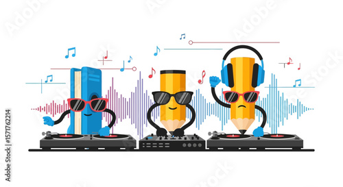 Creative Characters Djing With Turntables And Mixer Playing Music In White Background