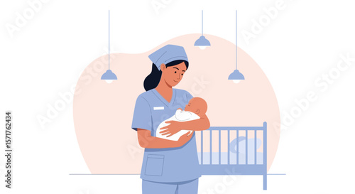 Nurse Holding Newborn Baby In Nursery Room Calmness And Maternal Connection