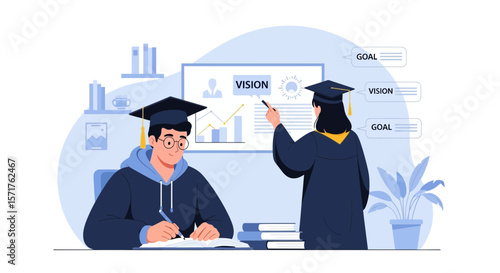 Two Students Analyzing Business Vision And Goal Achievement After Graduation