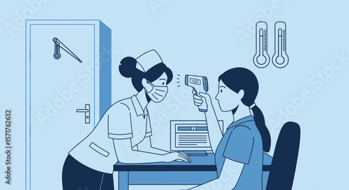 Nurse Measures Temperature Of A Woman With An Infrared Thermometer At Hospital