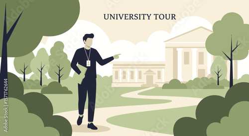 University Campus Tour Guide Welcoming Students With Academic Building Background