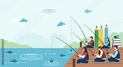 Creative Leisure Enjoying Peaceful Fishing Together on the Dock Illustration